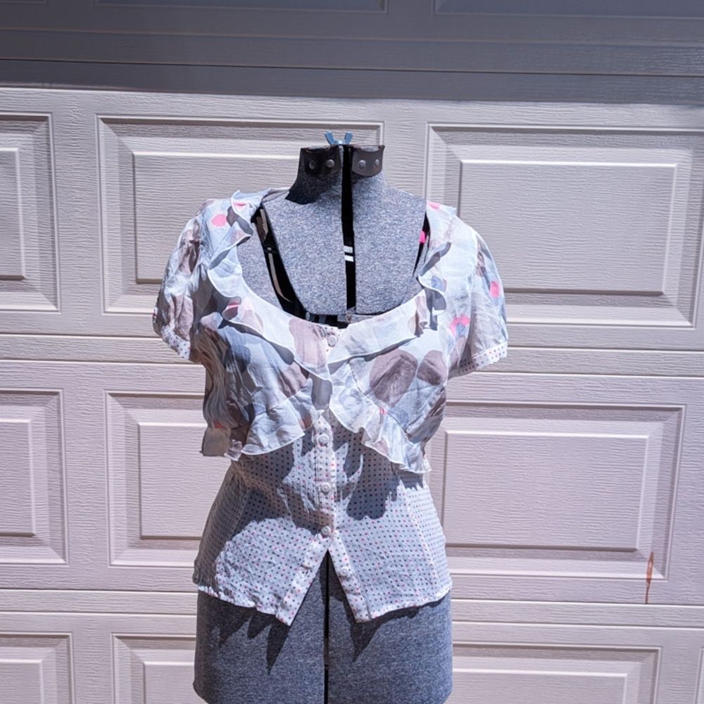 Burani Floral White and Pink Women's Silk Sheer Top, S